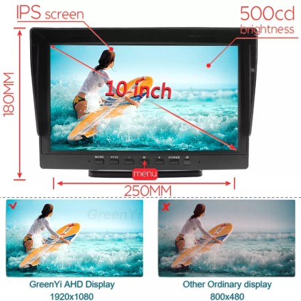 Видеорегистратор 10 дюймов с поддержкой 2 AHD-камер с разрешением экрана 1024*600 (IPS) на ножке