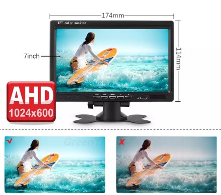 Видеорегистратор-монитор 7 дюймов со встроенной камерой переднего вида и входом М12 для камеры заднего вида на кронштейне