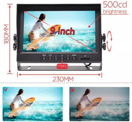 Видеорегистратор 9 дюймов с поддержкой 4 AHD-камер с разрешением экрана 1280х720 (IPS) на скобе